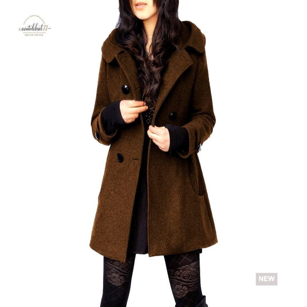 Wool Pea Coat with Hood, Double Breasted Trench, Slim Fit Long Coat